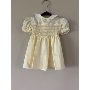 Vintage Polly Flinders Hand Smocked Dress Yellow Lace 12 Months Embroidered